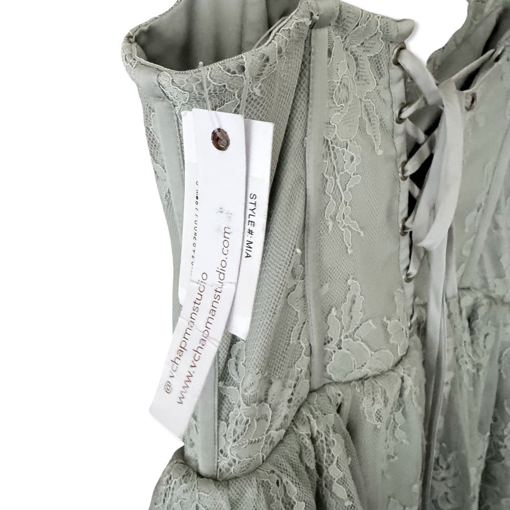 V. Chapman Mia Dress Sage Lace Tiered Midi Dress corset bustier Green Revolve 4 - Picture 9 of 10